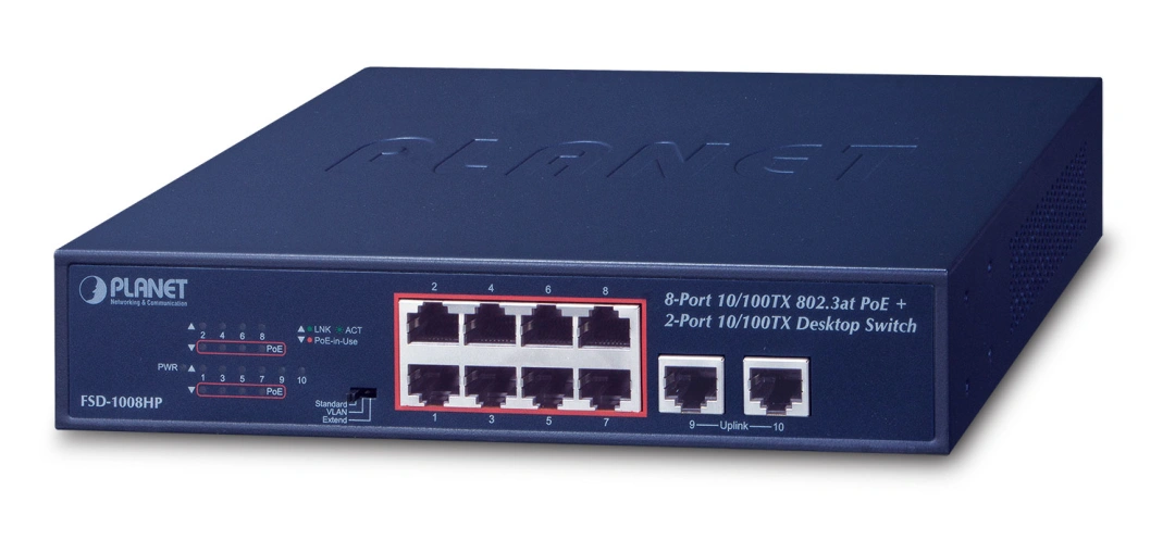 Planet FSD-1008HP PoE switch 10x 100Mb, 8xPoE 802.3at 30W/120W, VLAN, extend mód 10Mb/s do 250m, fan