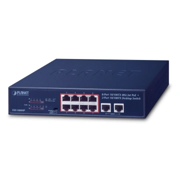 Planet FSD-1008HP PoE switch 10x 100Mb, 8xPoE 802.3at 30W/120W, VLAN, extend mód 10Mb/s do 250m, fan