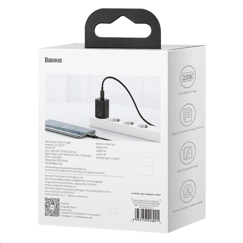 Baseus síťová nabíječka Super Si Quick 1C, USB-C, 25W, černá + kabel USB-C - USB-C, 3A, 1M, černá