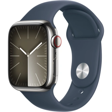 Apple Watch Series 9, Cellular, 41mm, Silver Stainless Steel, Storm Blue Sport Band - M/L