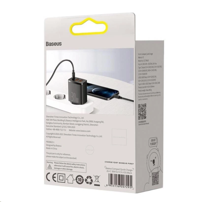 Baseus rychlonabíjecí adaptér, 2x USB-A, 1x USB-C, 30W, černá