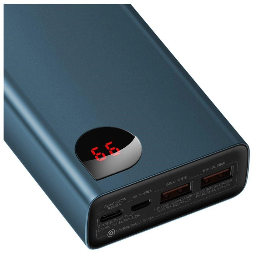 Baseus powerbanka s digitálním displejem Adaman Metal QC + PD, 20000mAh, 65W, modrá + USB-A/USB-C ka