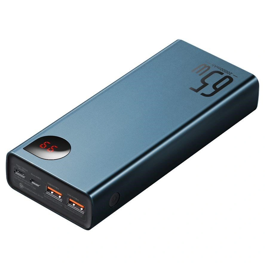 Baseus powerbanka s digitálním displejem Adaman Metal QC + PD, 20000mAh, 65W, modrá + USB-A/USB-C ka