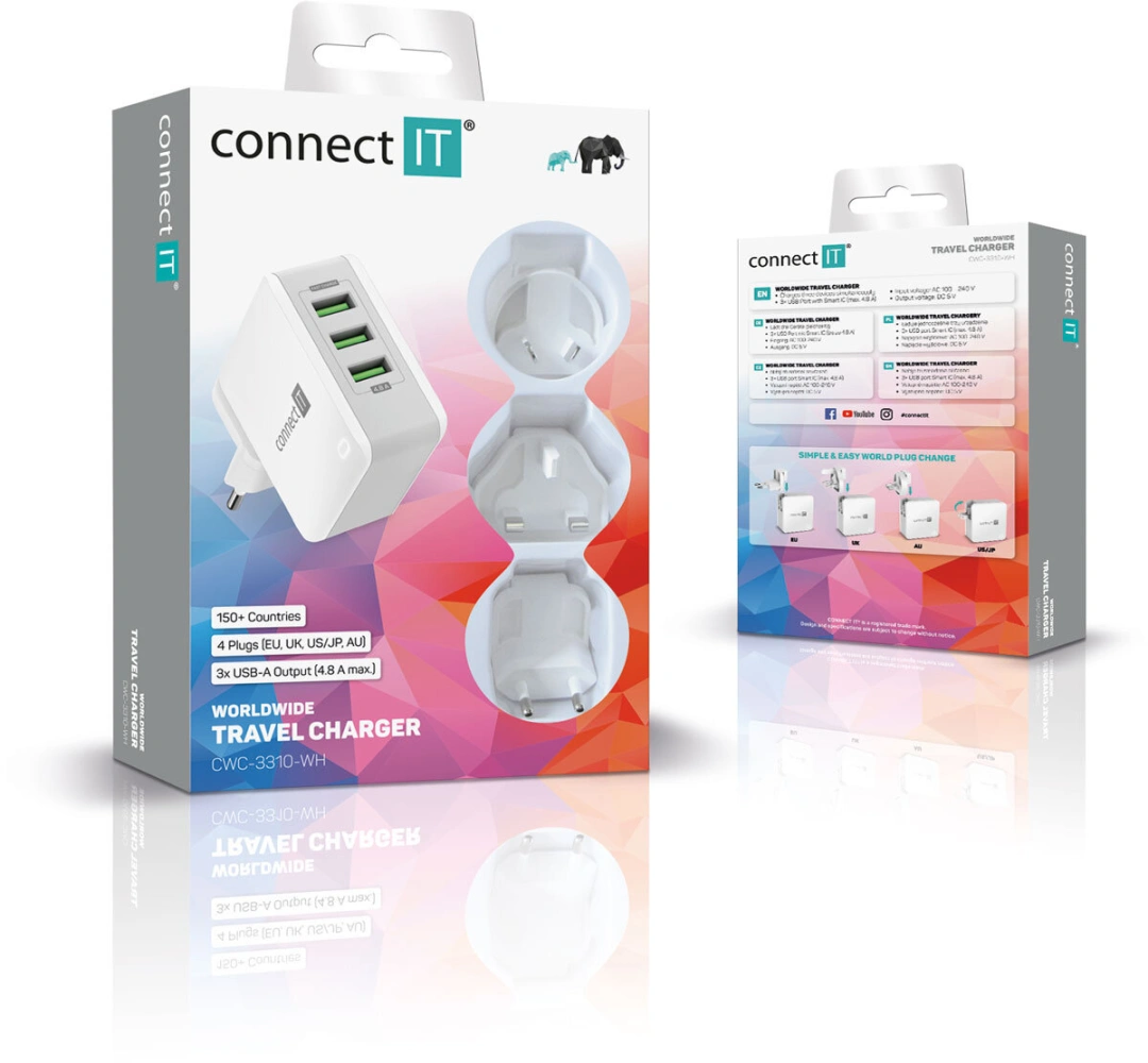 CONNECT IT nabíjecí adaptér Nomad2 WorldTravel, cestovní, 3xUSB, 24W, bílá
