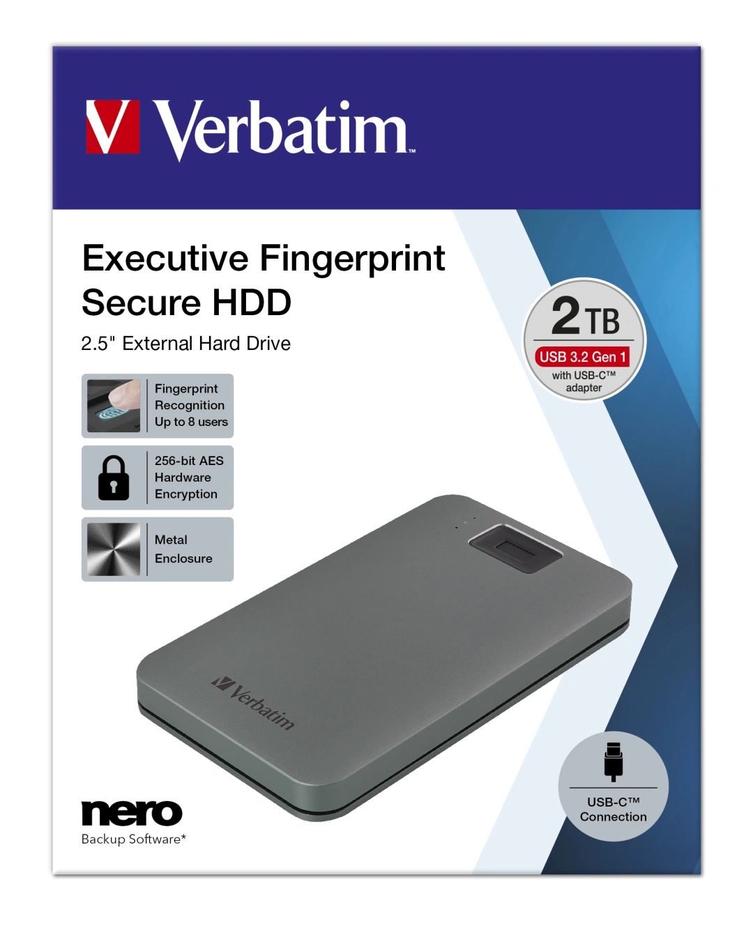 Verbatim Executive Fingerprint Secure - 2TB, šedá