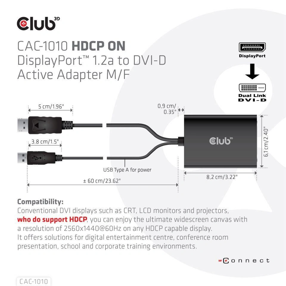 Club-3D aktivní adaptér DisplayPort na Dual Link DVI-I