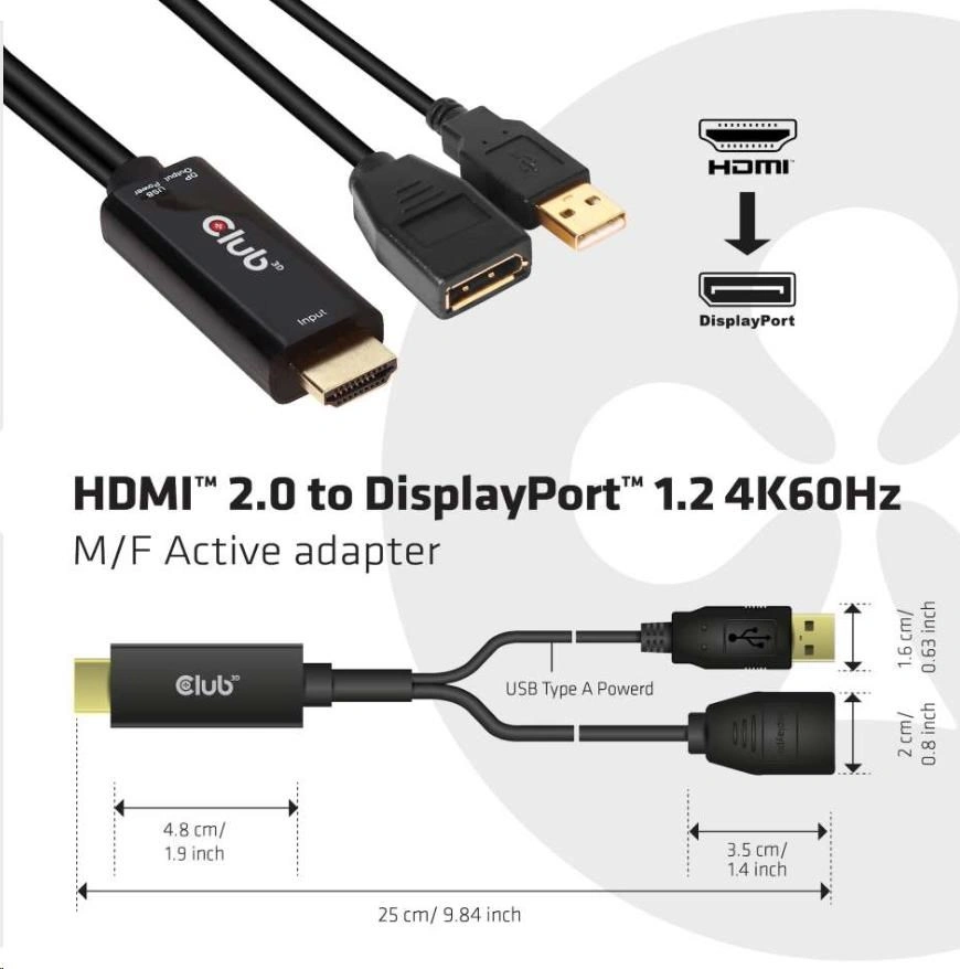 Club3D adaptér HDMI - DisplayPort 1.2, M/F, 4K@60Hz, aktivní, 25cm, černá