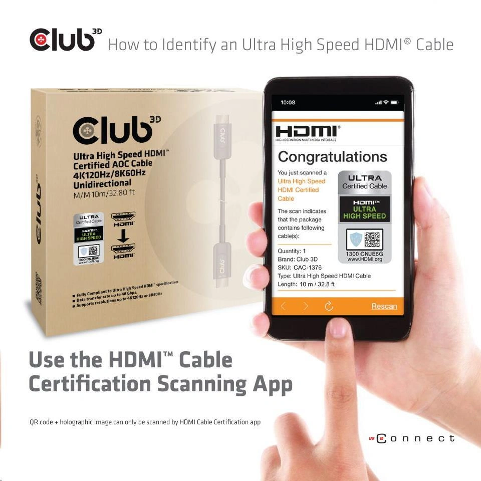 Club3D kabel HDMI AOC, M/M, 4K@120Hz, 8K@60Hz, High Speed, 10m, černá