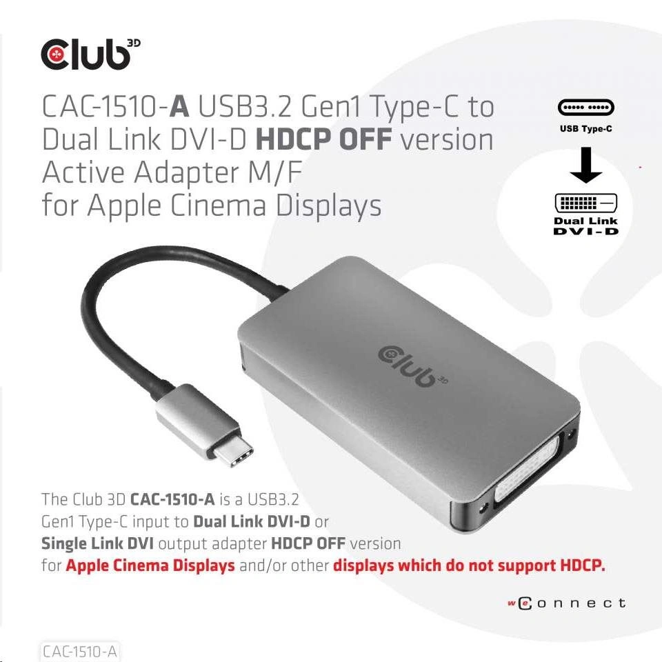 Club3D adaptér USB-C 3.2 Gen1 - DVI-D (Dual Link), M/F, aktivní, HDCP OFF, 24.5cm, stříbrná