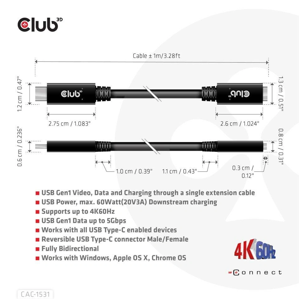 Club3D prodlužovací kabel USB-C, 5Gbps, 60W(20V/3A), 4K@60Hz (M/F), 1m