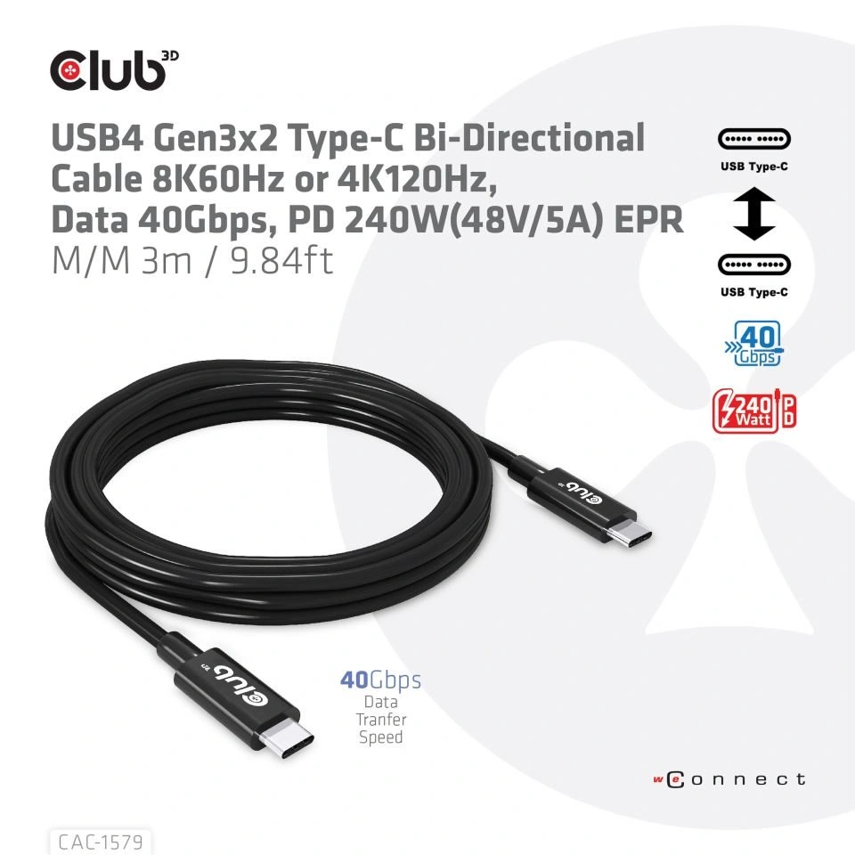 Club3D kabel USB4 Gen3x2, 8K@60Hz, Power Delivery 240W, 3m, černá
