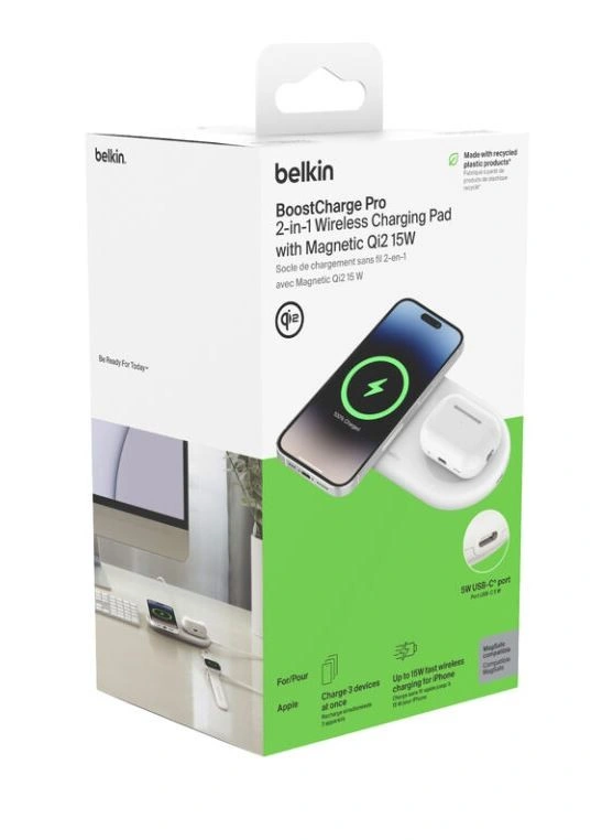 Belkin 2v1 Qi2 15W Magnetic Charging Pad, white