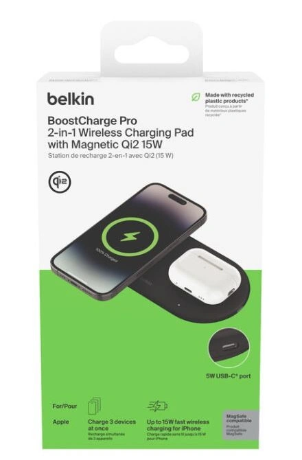 Belkin 2v1 Qi2 15W Magnetic Charging Pad, black