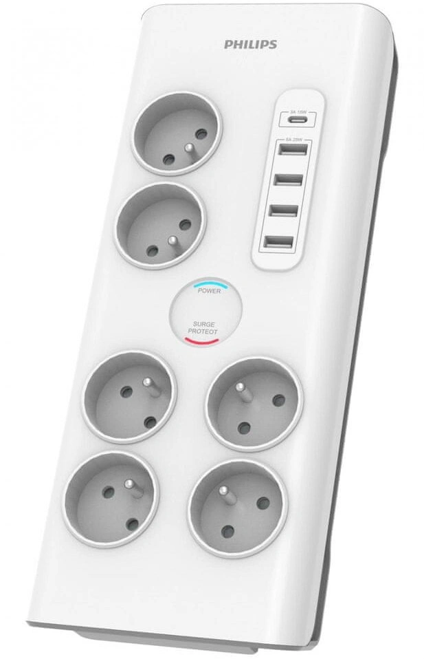 Philips přepěťová ochrana, 6x zásuvka, 1x USB-C, 4x USB-A, 2m, šedá