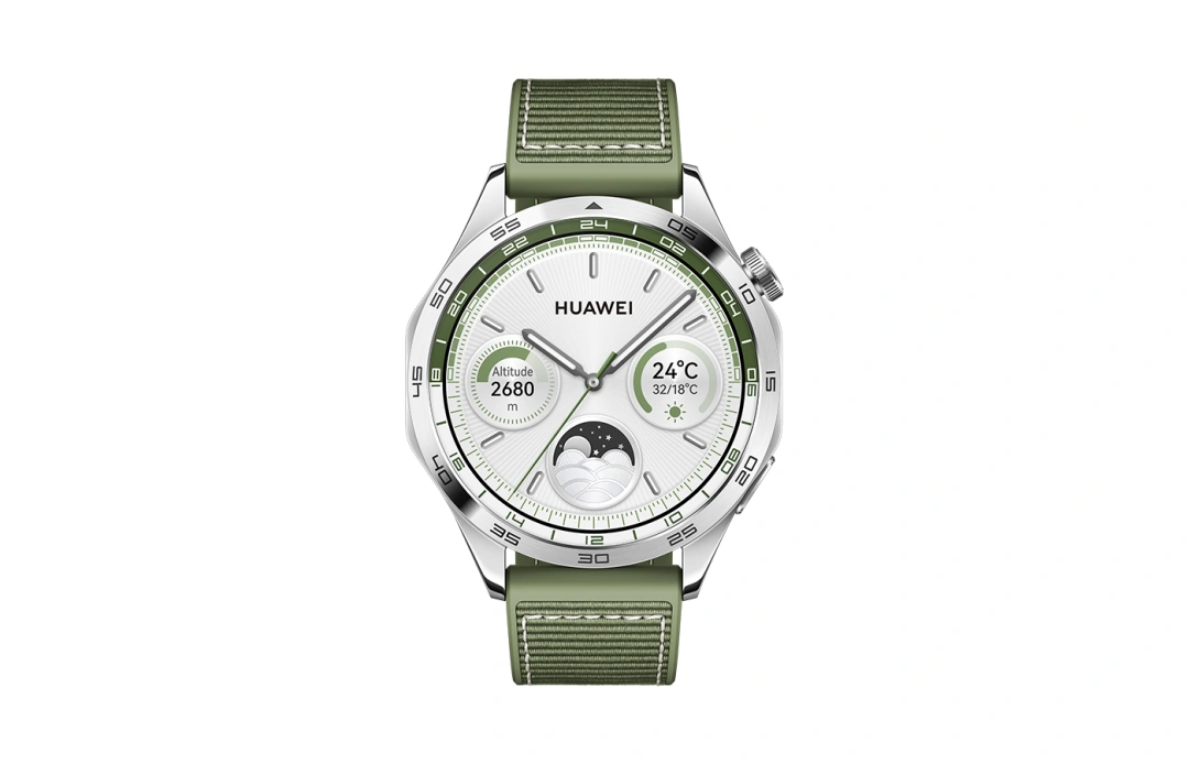 Huawei Watch GT 4 46 mm, stříbrná nerezová ocel se zeleným kompozitním řemínkem