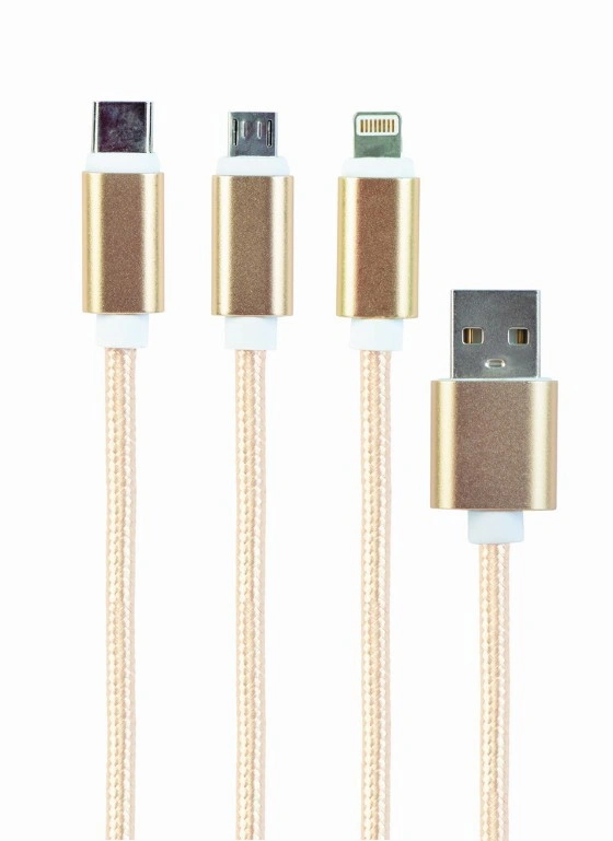 Gembird CABLEXPERT kabel USB A Male/Micro B + Type-C + Lightning, 1m, opletený, zlatá