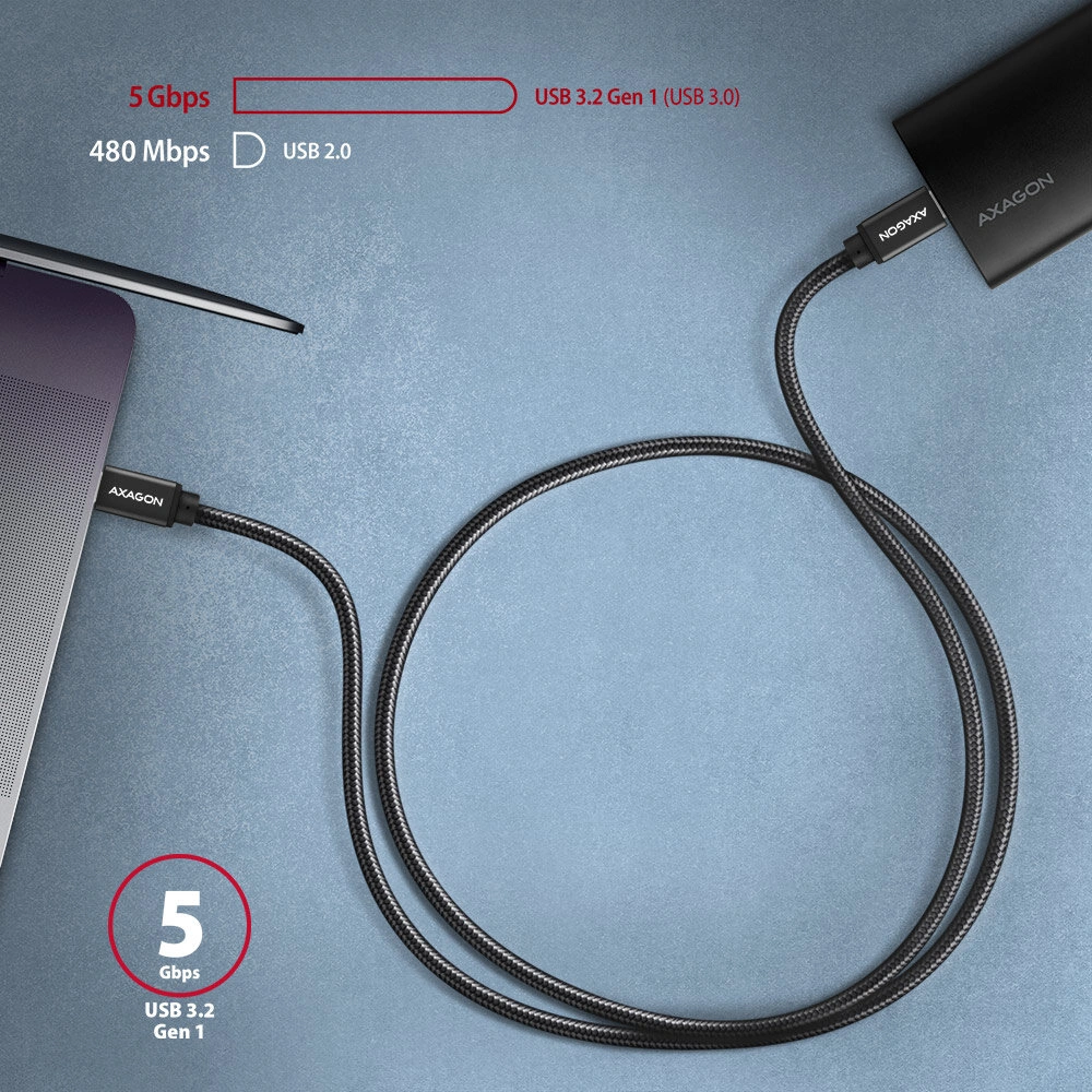 AXAGON kabel USB-C - USB-C SPEED USB3.2 Gen 1, PD60W 3A, opletený, 1m, černá