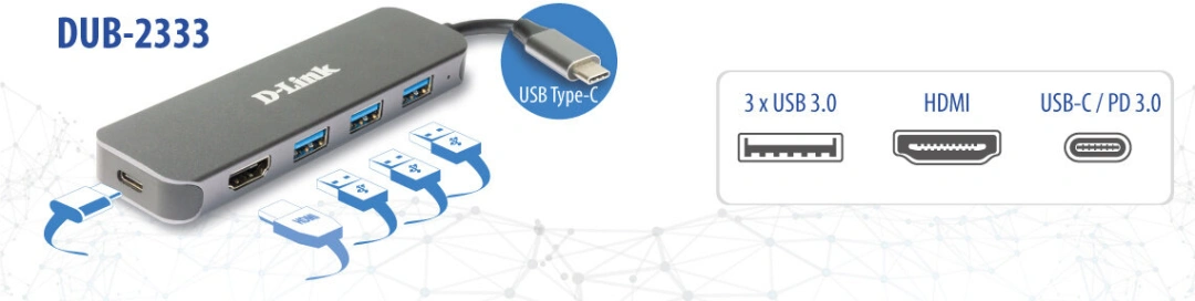 D-Link DUB-2333, USB-C Hub, 3x USB 3.0, USB-C, HDMI 1.4