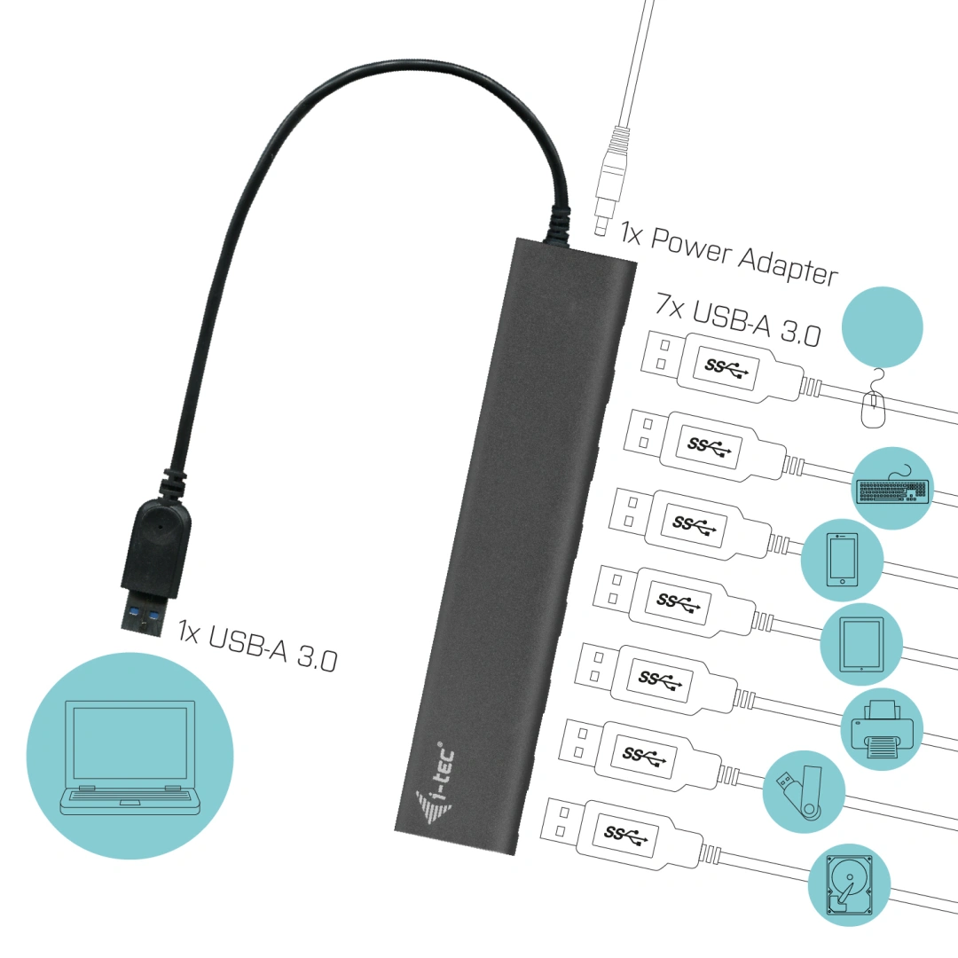 i-tec USB 3.0 Hub 7-Port, metal, s napaječem