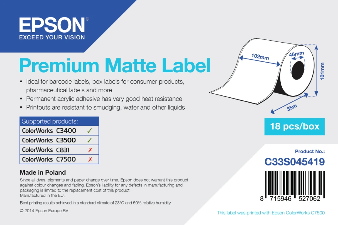Epson ColorWorks role pro pokladní tiskárny, Premium Matte Label, 102mmx35m