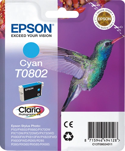 Inkoustová náplň Epson T0802, 7,4 ml (C13T08024011) azurová